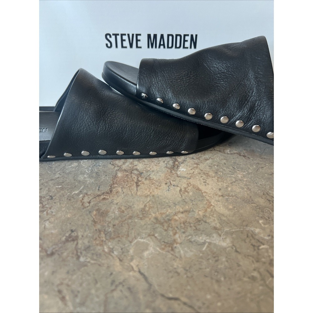 Steve Madden Women's Kessey Hooded Toe-Ring Slip-On Sandals Black Leather Sz 8.5